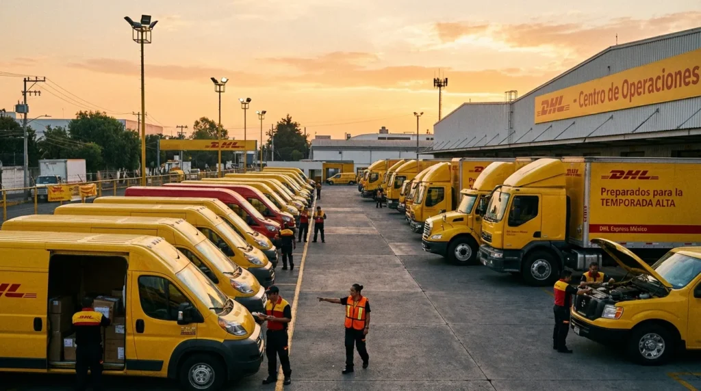 Flota de vehículos DHL Express México preparándose para temporada alta