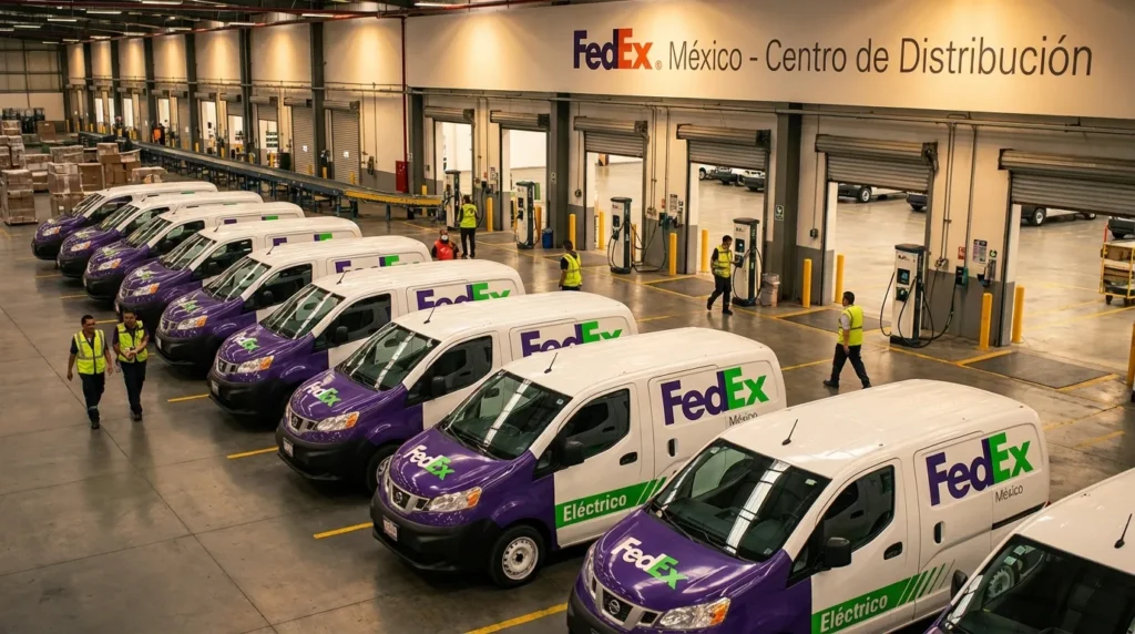 Flota de camionetas eléctricas de FedEx México alineadas en centro de distribución